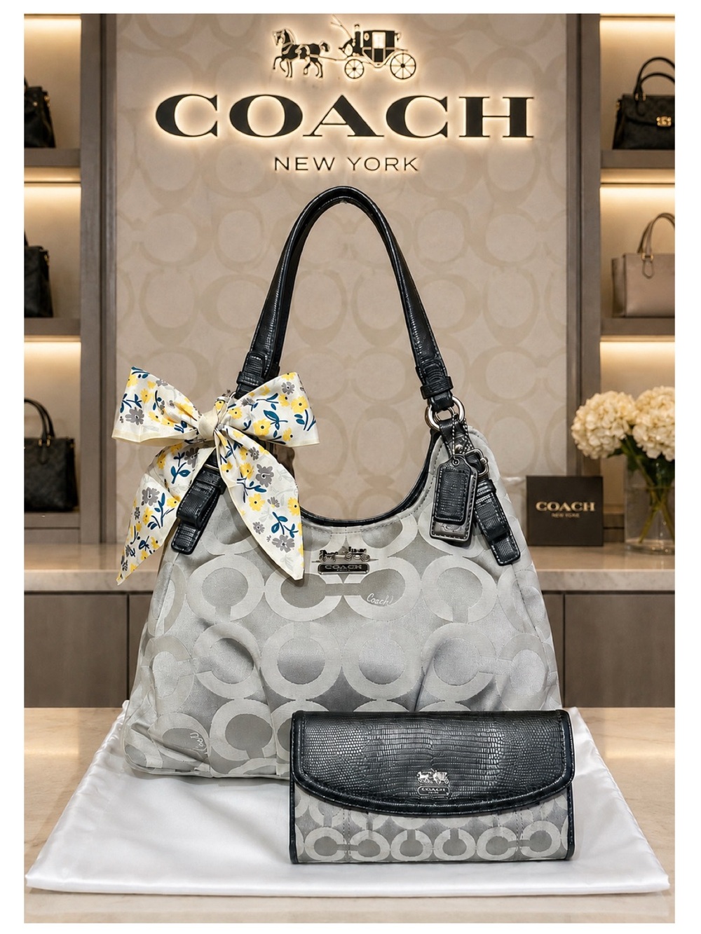 Coach. 4 Piece Set: Madison Op Art Bag & Free Matching Wallet, Scarf & Dust Bag.